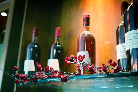 liquor bottles near red flowers thumbnail
