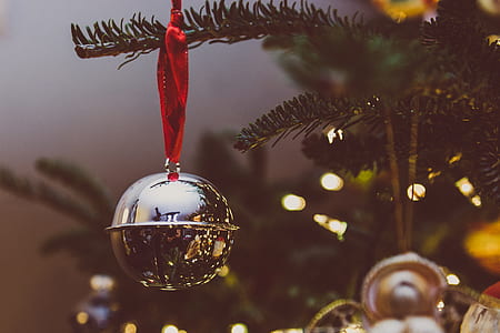 close up photo of silver-colored bell ornament hang on pine tree thumbnail
