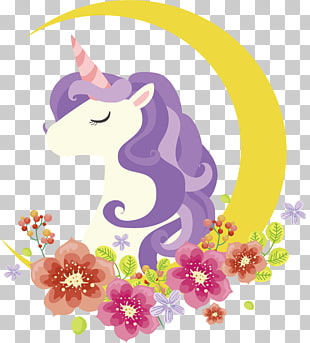 Unicorn Icon, Crescent flowers adorn the Unicorn, purple and white unicorn and flowers illustration PNG clipart