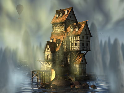 gray and brown house on body of water illustration thumbnail