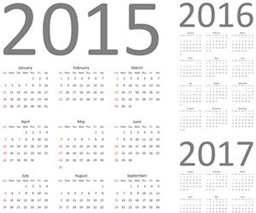 Calendar 2015, 2016 and 2017. Fully editable and scalable simple calendar vector template eps, ai, cdr file
