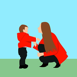 Illustration of woman and child in red coats outdoors. thumbnail