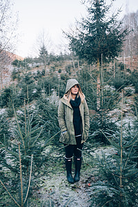woman wearing green full zip jacket and pair of black rain boots thumbnail