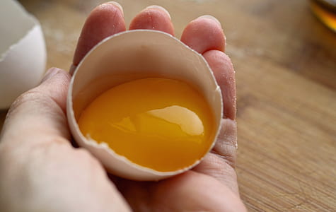 person holding shell with egg yoke thumbnail