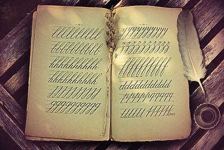 book with cursive alphabet writing and quill thumbnail