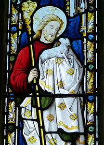 Jesus Christ carrying lamb stained glass window thumbnail
