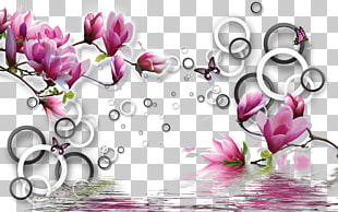Paper Painting Wall Mural , 3D background Magnolia, pink magnolia flowers PNG clipart