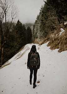 person standing on snow near green bush thumbnail