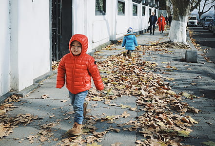 boy walking on pavement surrounded with dried leavs thumbnail