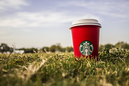 red and white Starbucks cup on green grass thumbnail