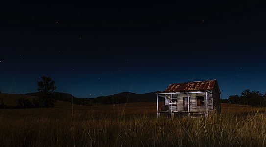 gray and brown wooden house on open field at nighjt thumbnail