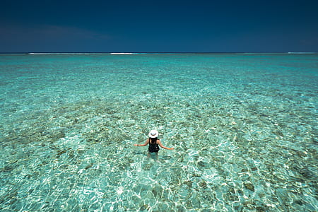 person in body of water during blue sky thumbnail