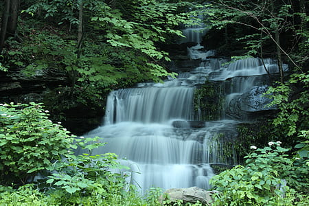 waterfalls near green trees at daytime thumbnail