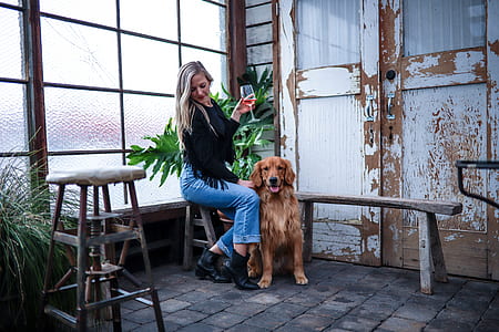 woman beside a golden retriever inside a room thumbnail