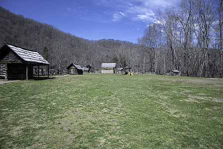 Log Cabin on grass lawn at Great Smoky Mountains National Park, North Carolina thumbnail