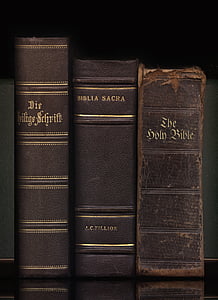 three assorted books piled on black surface thumbnail