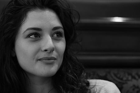 grayscale photography of smiling woman thumbnail
