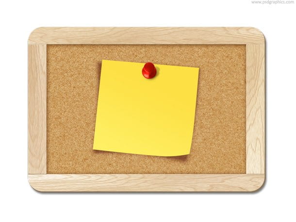 Blank note pinned to corkboard psd file
