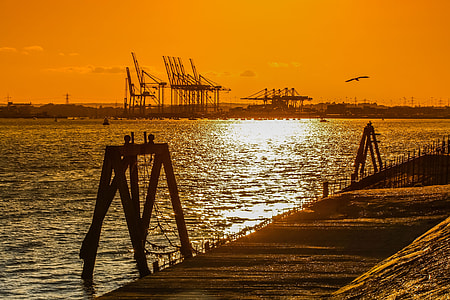 two metal frames near body of water at golden hour thumbnail