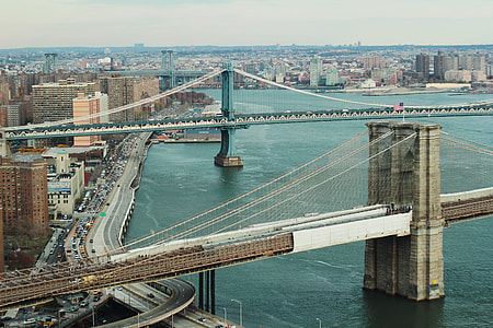 photo of gray concrete suspension bridges above body of water thumbnail