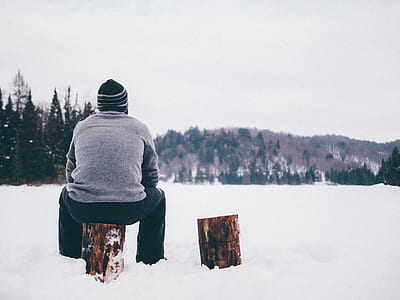 person sitting on log near trees thumbnail