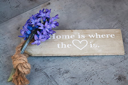 purple petaled flowers on brown wooden home is where the heart is board thumbnail