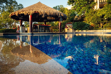 brown gazebo beside pool during daytime thumbnail