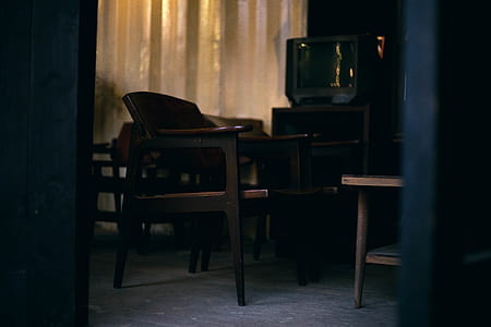 Brown Wooden Chair and Gray Crt Tv thumbnail