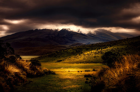 mountain covered with grass and clouds thumbnail