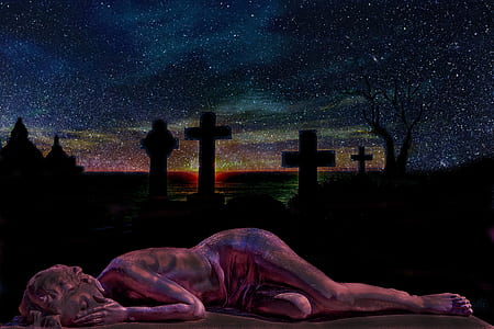 woman lying on cemetery painting thumbnail