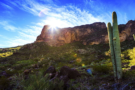 green grass field beside brown rugged mountain under blue and white sky at daytime thumbnail