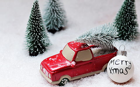 red pickup truck ornament with trees thumbnail