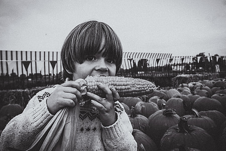 grayscale photo of boy eating corn standing near pumpkins thumbnail