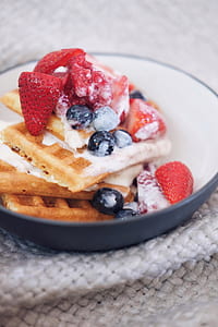 waffle with strawberies on bowl thumbnail