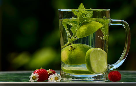 Green Round Fruit on Clear Glass Mug With Water thumbnail