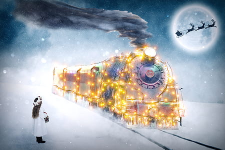 girl standing on snow-covered ground near locomotive train covered with string lights thumbnail