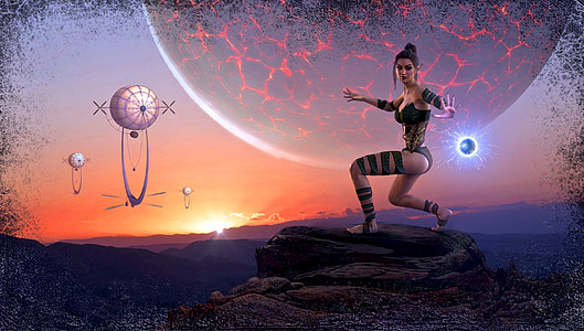 woman wearing black strapless top and panty under planet digital wallpapr thumbnail