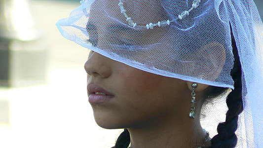 close-up photo of woman wearing white mesh veil thumbnail