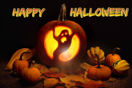 ghost carved pumpkin with Happy Halloween text overlay thumbnail