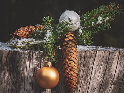Close-up Photography Of Pine Cones And Bauble thumbnail