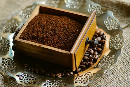 brown coffee powder on brown wooden tray thumbnail