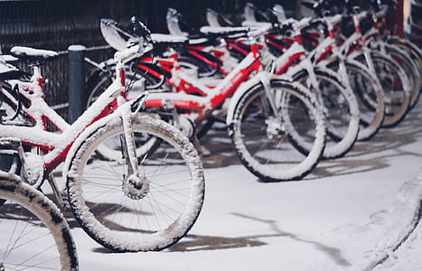 parked red commuter bikes on snow covered road thumbnail