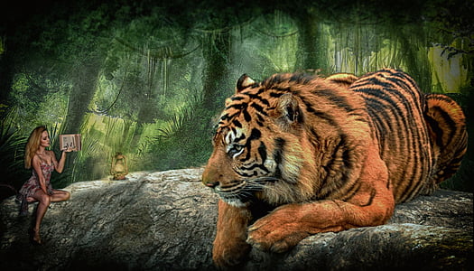 woman sitting beside tiger painting thumbnail