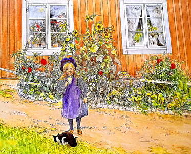 painting of girl and black cat outside house thumbnail