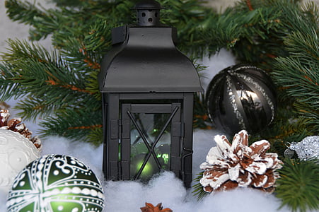 black candle lantern and Christmas baubles thumbnail
