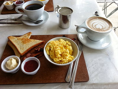 scrambled egg with bread toast and caffe latte thumbnail