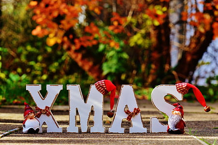 white wooden Xmas-themed text table decor on floor thumbnail
