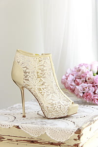 unpaired women's beige floral peep-toe stilettos thumbnail