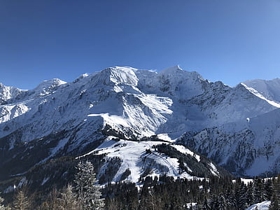 snow covered mountain with trees during daytime thumbnail