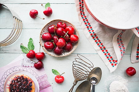 bunch of cherry on bowl beisde plate thumbnail